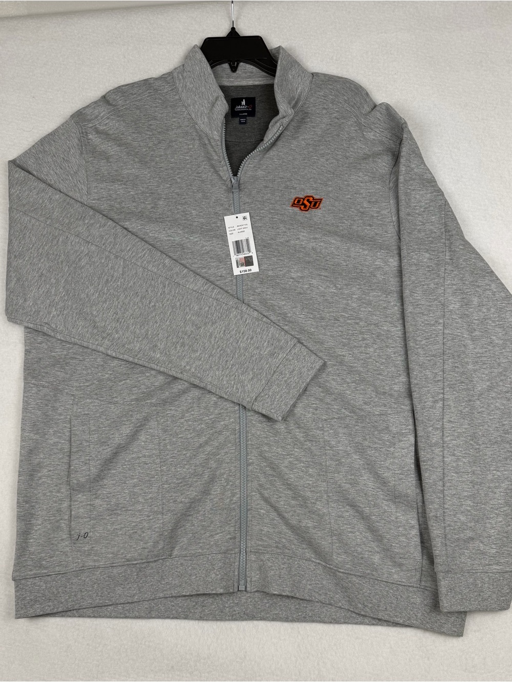 johnnie-O Men's Light Gray Full-Zip Sweater with Orange OSU logo Oklahoma State